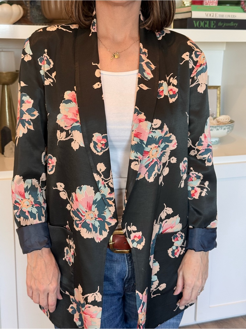 Anthropologie Black Satin Floral Open-Front Blazer with Pink & Teal Flowers